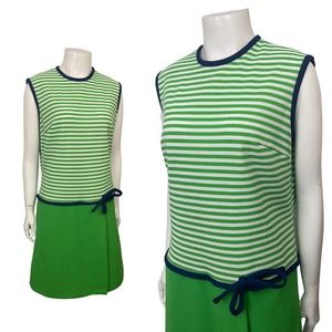 1960s Mod Lime Green Stripe Color Block Mini Jump… - image 1